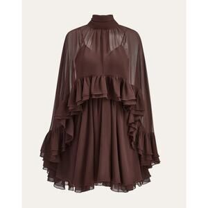 Commense Brown Semi-Sheer Chiffon Ruffle Mini Dress with Cape Overlay – Size XL